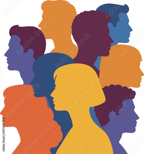 overlapping colorful human profiles representing unity and diversity in modern society