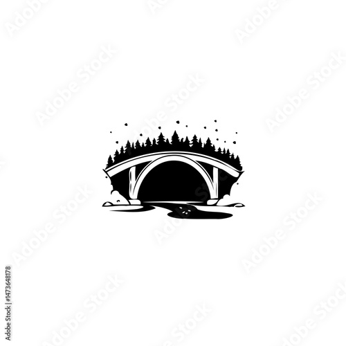 Arched Bridge Silhouette with Evergreen Trees and Stream, Serene Landscape
