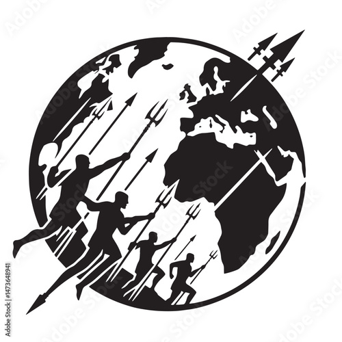 Spear Fighting (Global - use of polearms) Silhouette line art vector illustration on white background