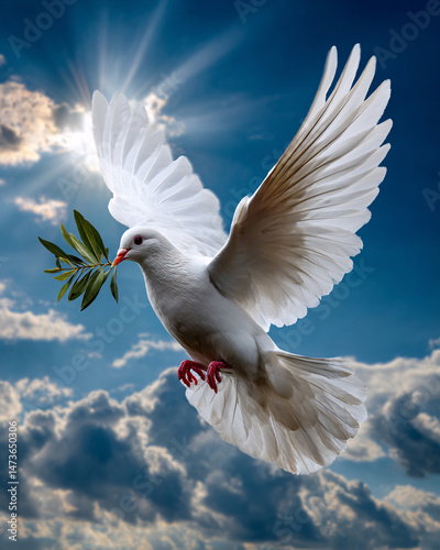 Dove, Holy spirit dove flies in blue sky, bright light shines from heaven, christian symbol