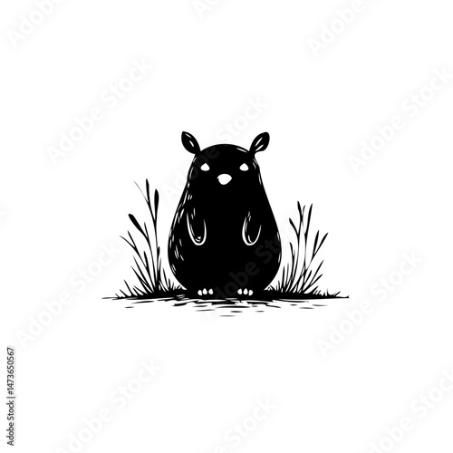 Stylized black and white illustration of a cute creature in sparse foliage