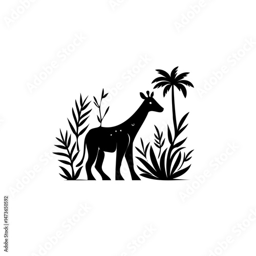 Giraffe silhouette amidst stylized tropical flora for nature-themed concepts