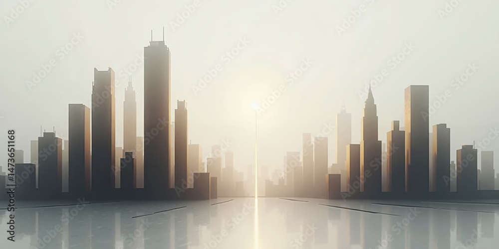 Fototapeta premium Minimalist Cityscape A light gray background with abstract, geometric skyscraper shapes in black and gold. The lighting is soft