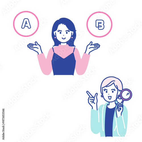 2つを比べる女性と、虫眼鏡を持った女性のイラストセット素材