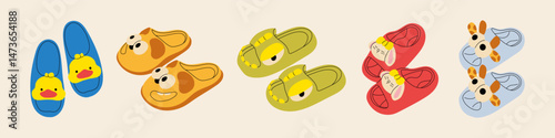 Set of cute illustrations of fashionable sandals for kids and adults. Sandals, mules, ballet flats, flip-flops. Stylish modern design of shoes for women and children.