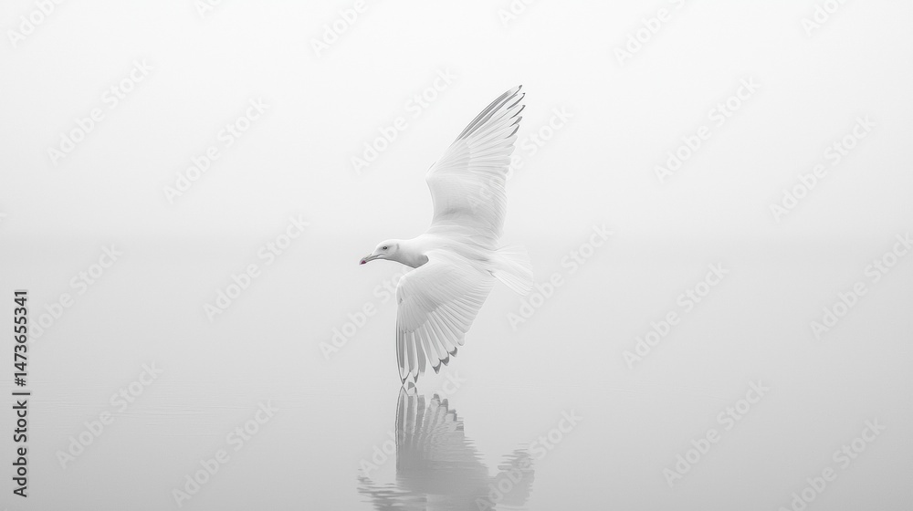 Fototapeta premium Seagull gliding gracefully over a calm, foggy water surface in early morning light