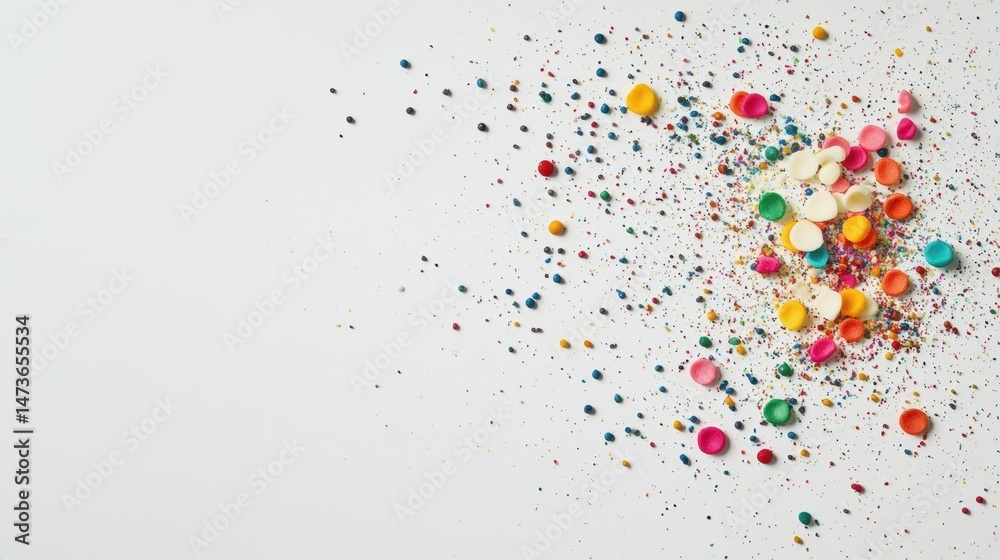 Fototapeta premium Flat lay of colorful confetti scattered on a white background. the confetti is in various shapes and sizes, including circles, squares, and rectangles.