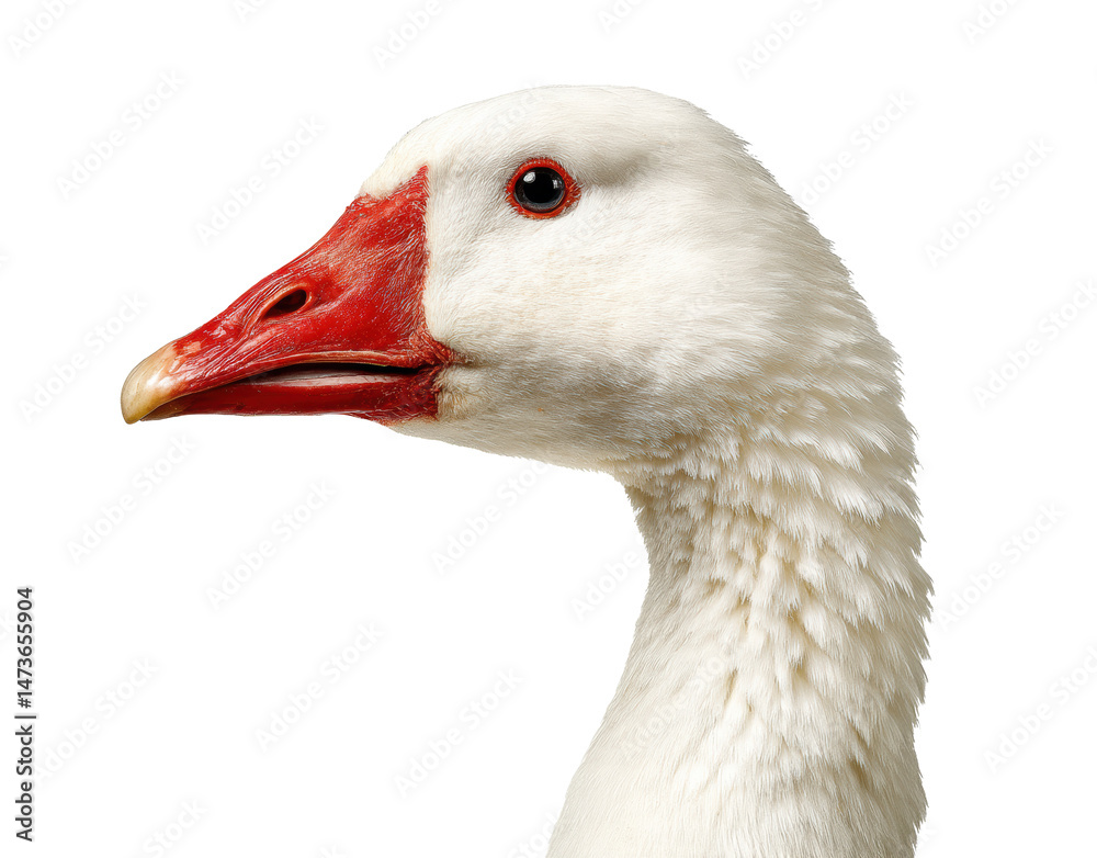 Close-up of a white goose with a red bill and blue eyes on a transparent background, cut out Close-up of a white goose with a red bill and blue eyes on a transparent background, cut out