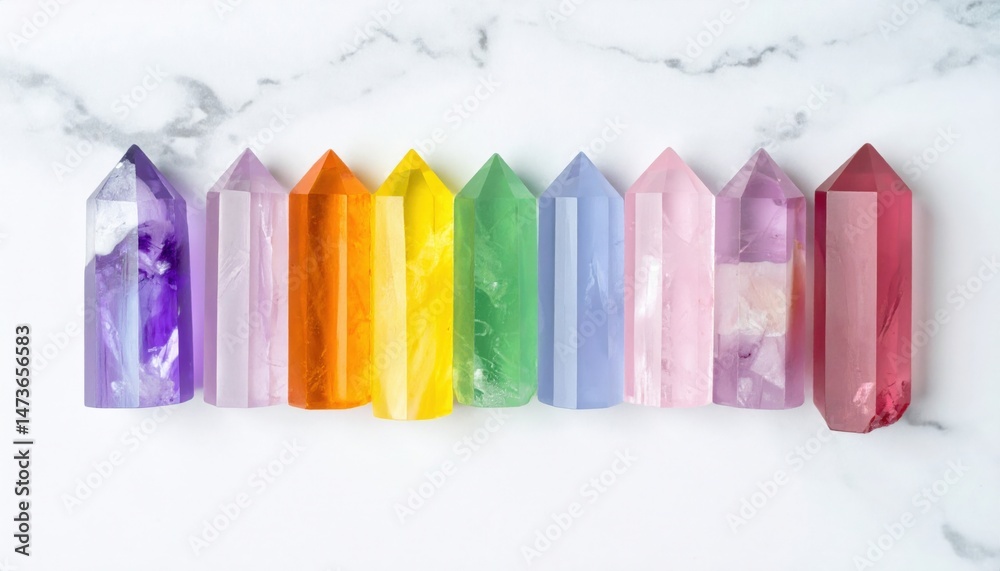 Fototapeta premium Healing crystal collection display home decor photo composition natural light top-down view energy and wellness