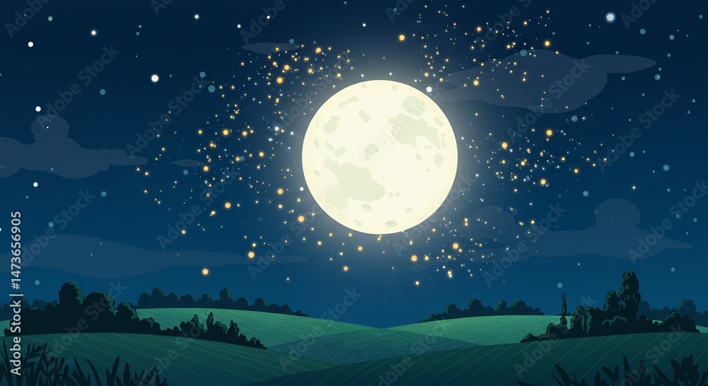 Fototapeta premium Pixel Art Night Landscape with Bright Full Moon and Sparkling Stars