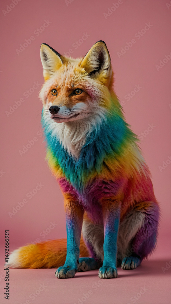 Obraz premium Colorful fox with vibrant, rainbow fur and bright eyes stands proudly on a pink background, perfect for creative projects