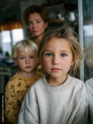 Close-up of young girl with blue eyes and wavy hair standing by window with her mother and brother in background indoors