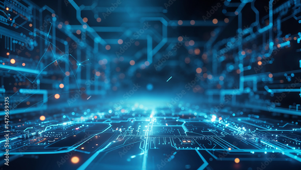 Futuristic digital circuit board with glowing blue lights Futuristic digital circuit board with glowing blue lights