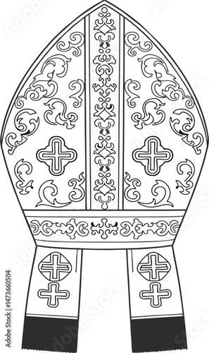 Intricate Black and White Vector Pope Hat Illustration with Ornamental Crosses and Religious Embroidery Design – Stylized Mitre for Christian and Ecclesiastical Use