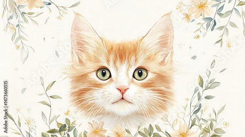 Cute ginger kitten in floral frame