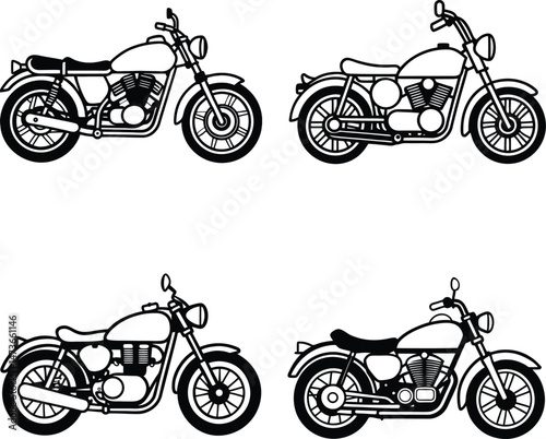 Set of Retro Cruiser Motorcycle Vector Icons. Vintage Motorbike Line Art