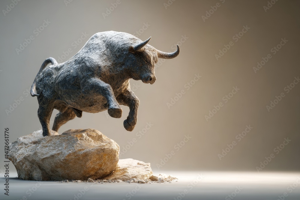Fototapeta premium Dramatic, leaping bull sculpture atop a rock.