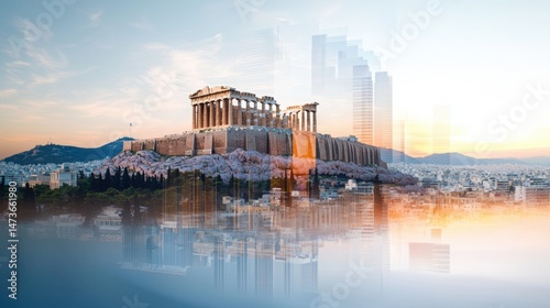 Double Exposure of Athens Acropolis with Traditional Architecture and Skyline Elements