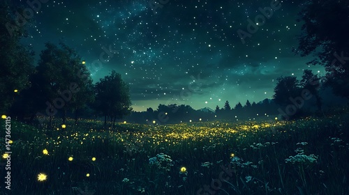 Forest meadow glows under magical starry night sky high resolution picture