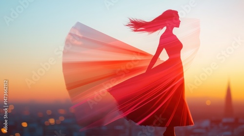 Vibrant Double Exposure of Barcelona Cityscape with Flowing Dress Silhouette