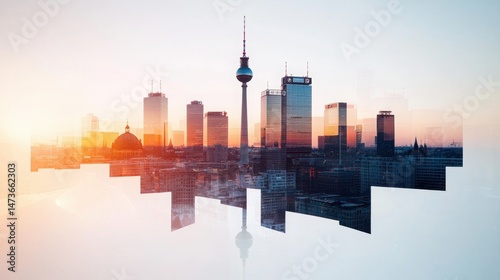 Stunning Double Exposure of Berlin's Cityscape Blended with Vibrant Sunset Colors