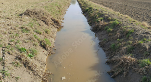 Agricultural irrigation ditch with muddy water flowing between farm fields with dry soil and sparse vegetation. Water resource management for sustainable farming, erosion control