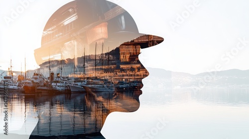 Double Exposure Portrait of Harbor Scene in Oslo with Norwegian Elements