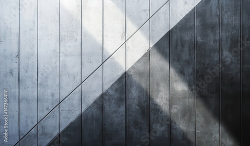 Two-toned concrete wall, angled sunlight.  Light and dark gray concrete panels meet diagonally,  illuminated by sunbeams