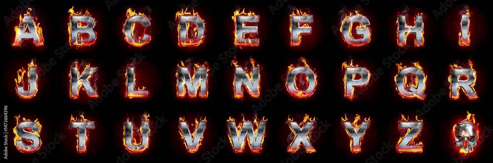 Burning metallic letters. Fiery font. Real fire flame, sparkles and smoke in slow motion isolated on black background.