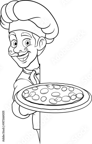 A chef cook holding a pizza cartoon food man mascot character illustration