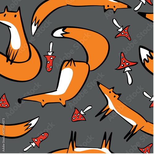 fox doodle seamless pattern kid drawing. Vector illustration