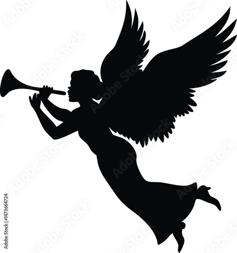 Vector silhouette illustration of a cupid and an angel with a person playing guitar