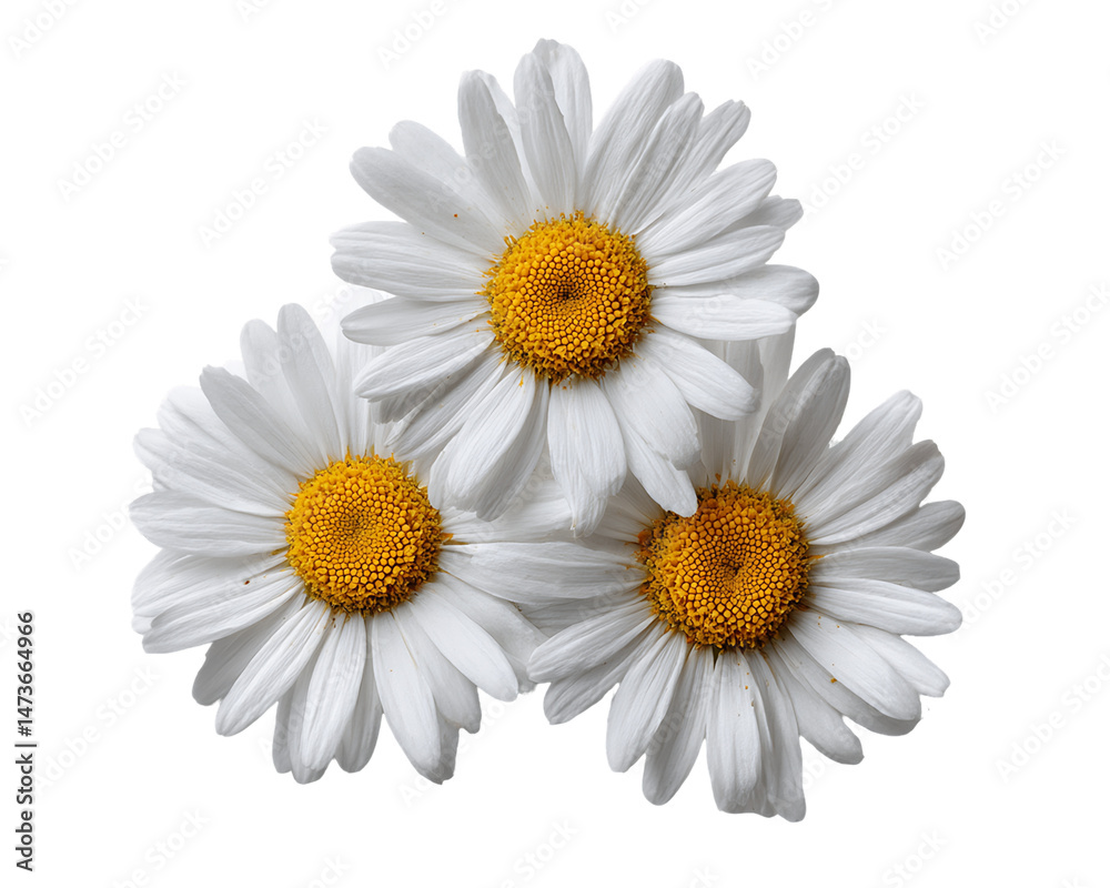 Obraz premium Three White Daisies with Yellow Centers on Transparent Background, PNG