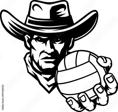 Cowboy man cowboys volleyball sports team mascot holding volleyball ball