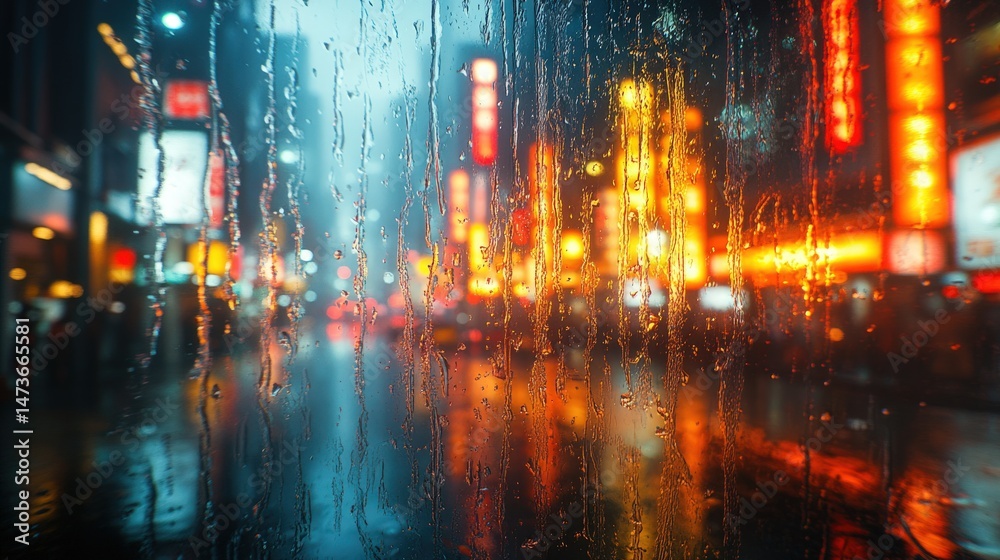 Obraz premium Rainy night city lights through window