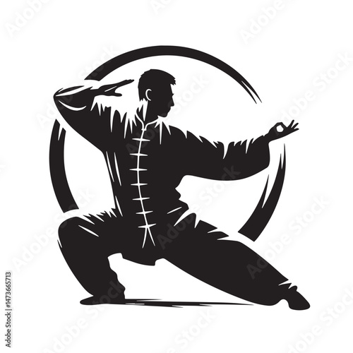 Tai Chi (China - internal martial art) Silhouette line art vector illustration on white background
