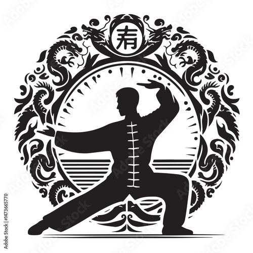 Tai Chi (China - internal martial art) Silhouette line art vector illustration on white background