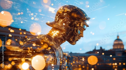 Futuristic Double Exposure of Rome Street View with Abstract Elements and Glowing Lights