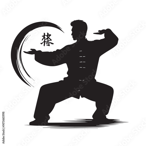 Tai Chi (China - internal martial art) Silhouette line art vector illustration on white background