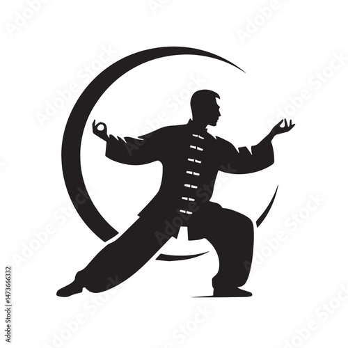 Tai Chi (China - internal martial art) Silhouette line art vector illustration on white background