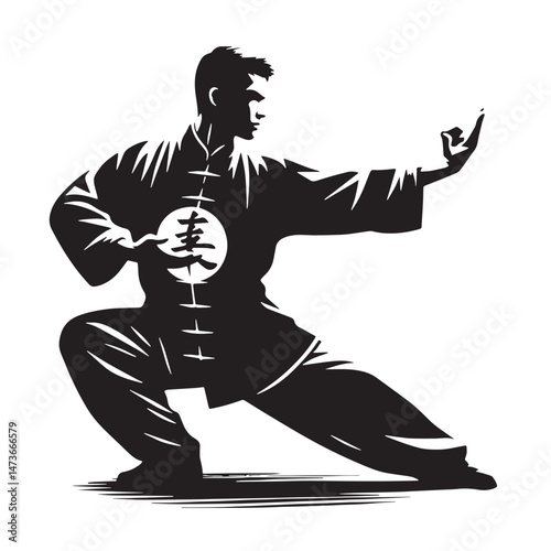 Tai Chi (China - internal martial art) Silhouette line art vector illustration on white background