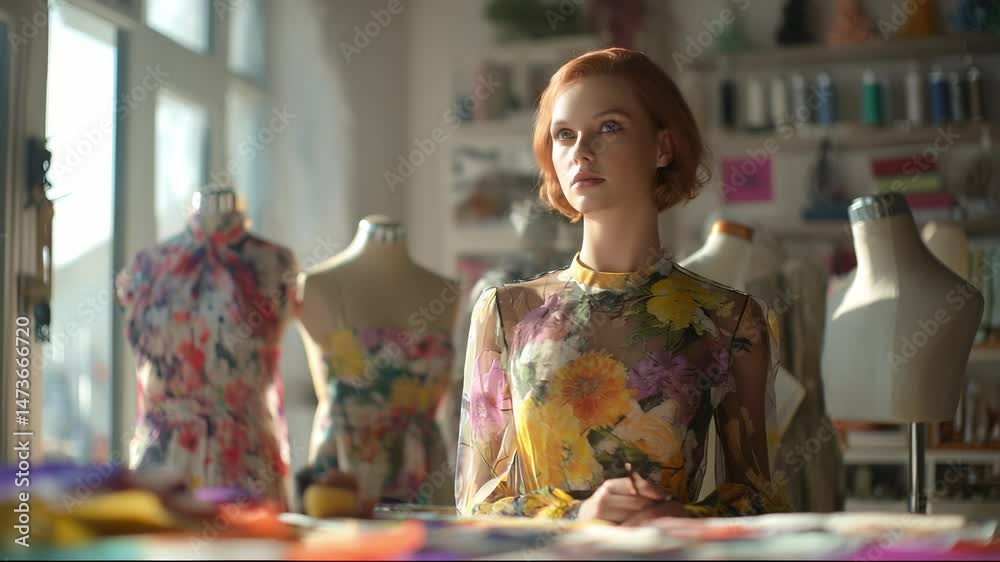 Fashion designer wearing a floral dress sitting at her desk contemplating her next design surrounded by colorful fabrics, sketches, and mannequins wearing her creations in a sunlit atelier