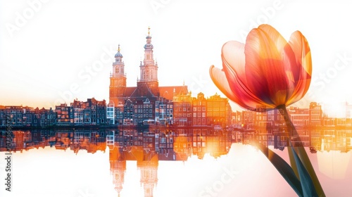 Stunning Double Exposure of Amsterdam Cityscape with Tulip in High Fidelity