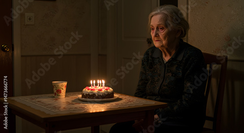 Solitude and a Birthday Cake: A poignant image of an elderly woman alone on her birthday, the dim light illuminating the candles of her cake and her pensive expression.