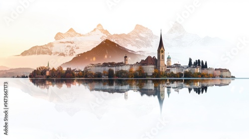 Stunning Double Exposure of Zurich City Views and Mountains in High Fidelity