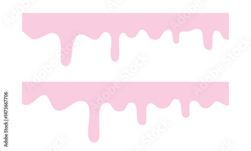 Pink liquid chocolate border. Melting ice cream, color paint, ice drops flowing down, Sweet liquid ice cream