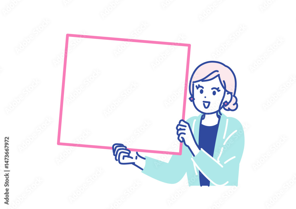 若い女性がフリップボードを持ってお知らせしているイラスト素材 若い女性がフリップボードを持ってお知らせしているイラスト素材
