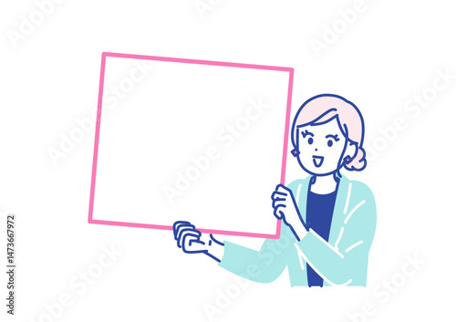 若い女性がフリップボードを持ってお知らせしているイラスト素材