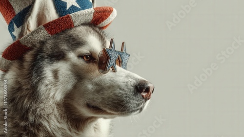 Patriotic Pup: A regal husky, donning an American flag-themed hat and star-shaped glasses, embodies the spirit of freedom and patriotism, against a bright backdrop.