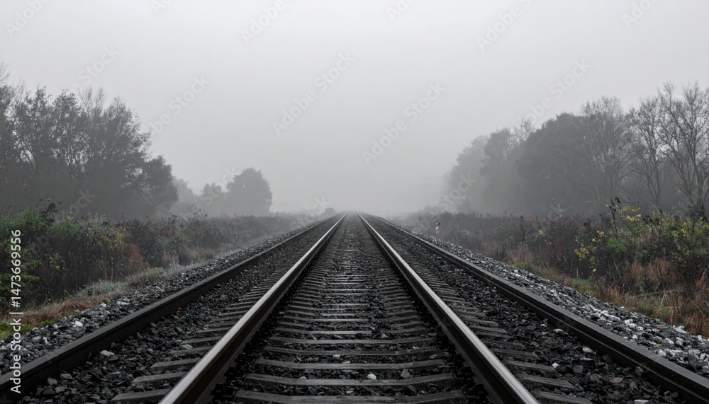 Fototapeta premium Foggy train tracks rural landscape photography serene environment perspective on journey